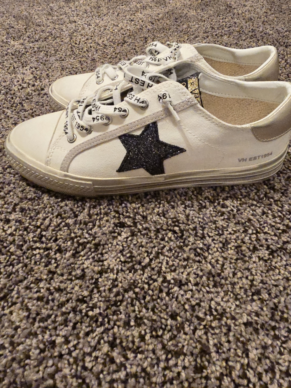 Vintage White Sneakers with Black Glitter Star Accent